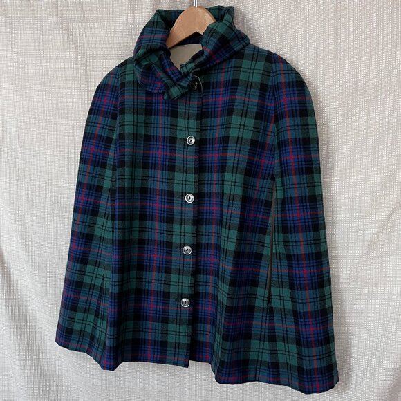 VINTAGE Hunter Green Tartan Plaid Wool Cape Cottage Core Preppy Cloak Coat P… - Picture 3 of 13